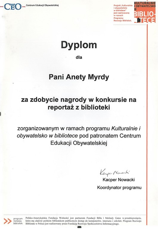 Nagroda za “Reportaż z biblioteki”