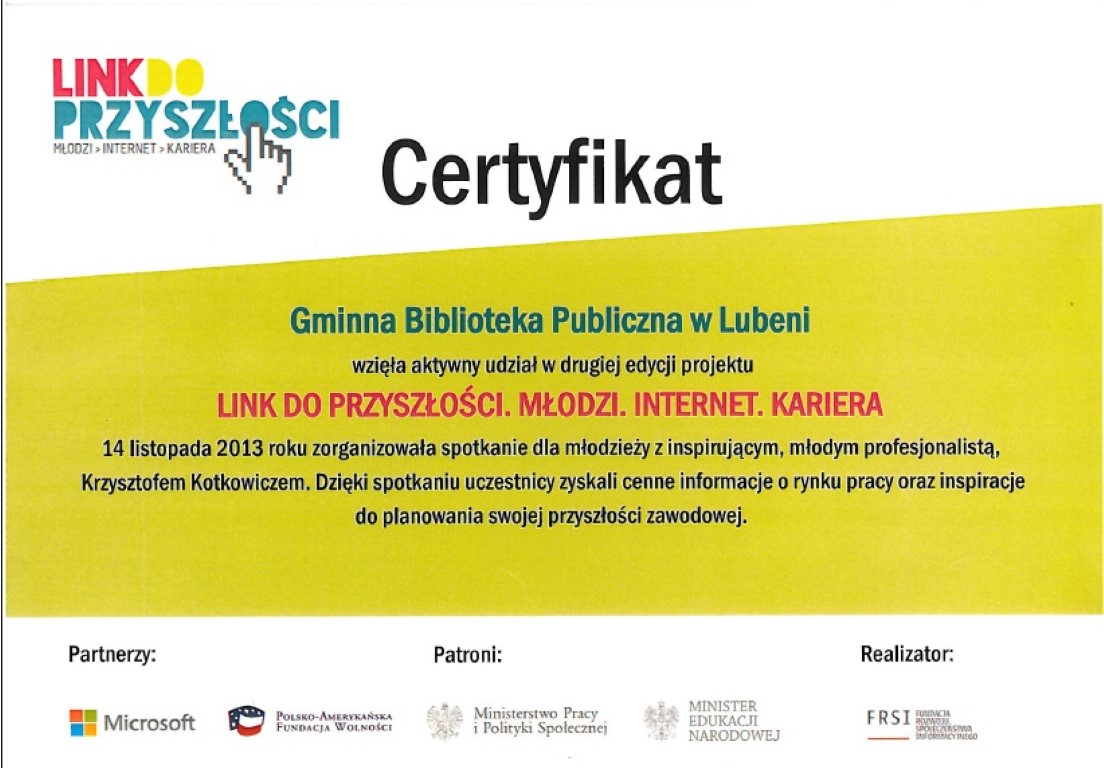 Certyfikat za aktywny udział w projekcie